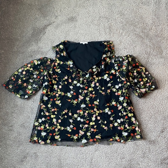 Pleione Tops - Pleione Black Floral Cold Shoulder Blouse SIZE L